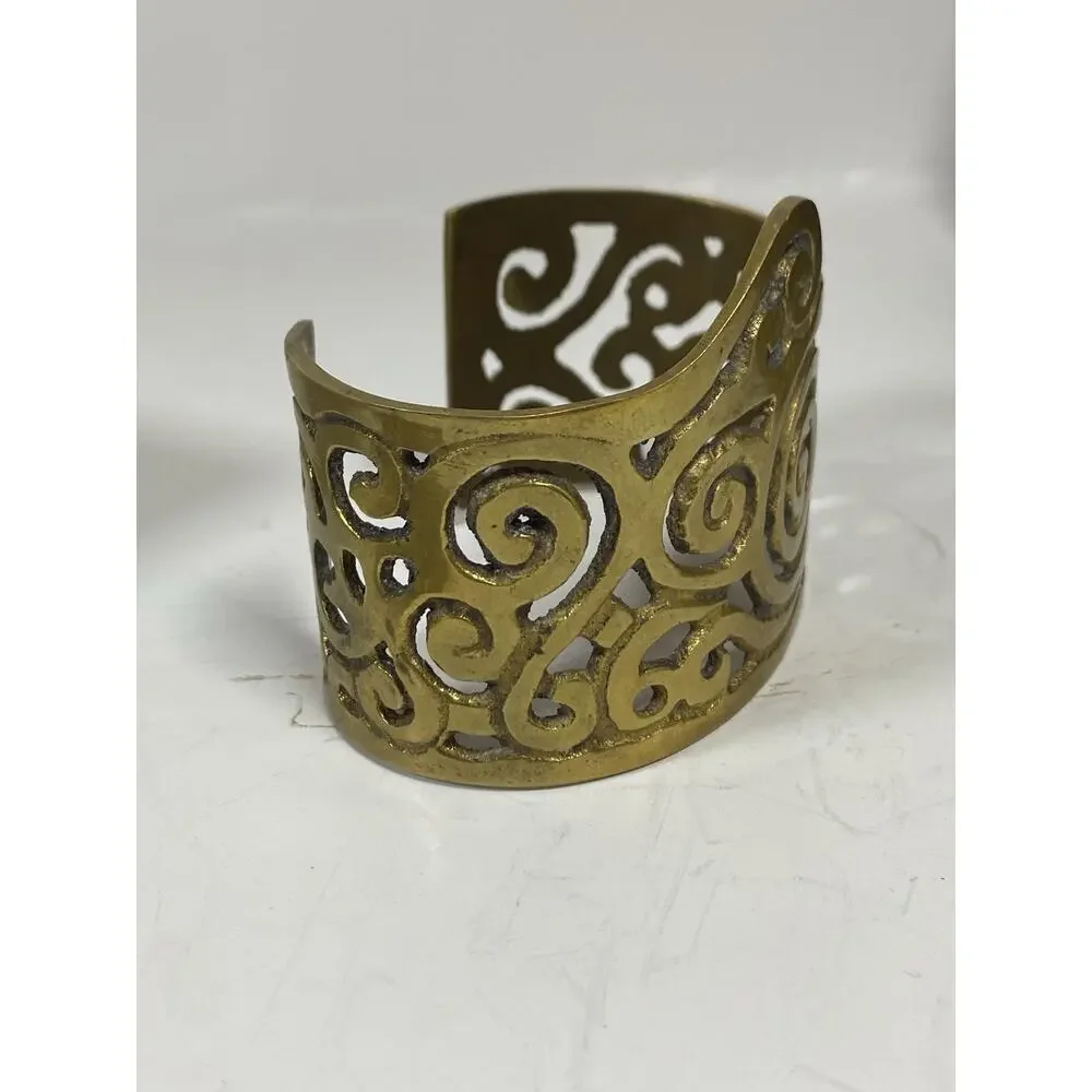 Antique Artisan Modernist Etruscan Egyptian Brass Cuff Bangle Bracelet